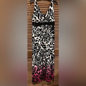 Soma Womens XL Maxi Dress Black White Floral Pink Hem V Neck Stretch